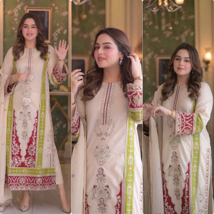 Cream Roman Silk Pakistani Suit with Sequence Embroidery