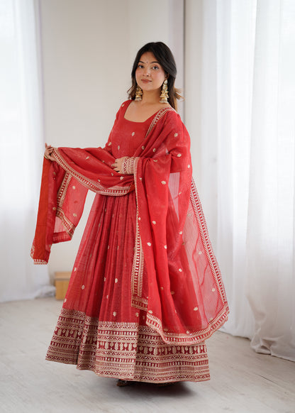 Rust Pure Crunchy Silk Anarkali Dress for Women with Dupatta