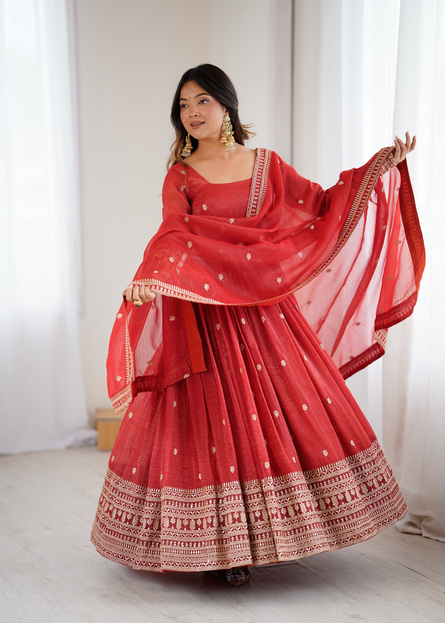 Rust Pure Crunchy Silk Anarkali Dress for Women with Dupatta