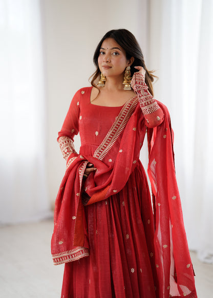 Rust Pure Crunchy Silk Anarkali Dress for Women with Dupatta
