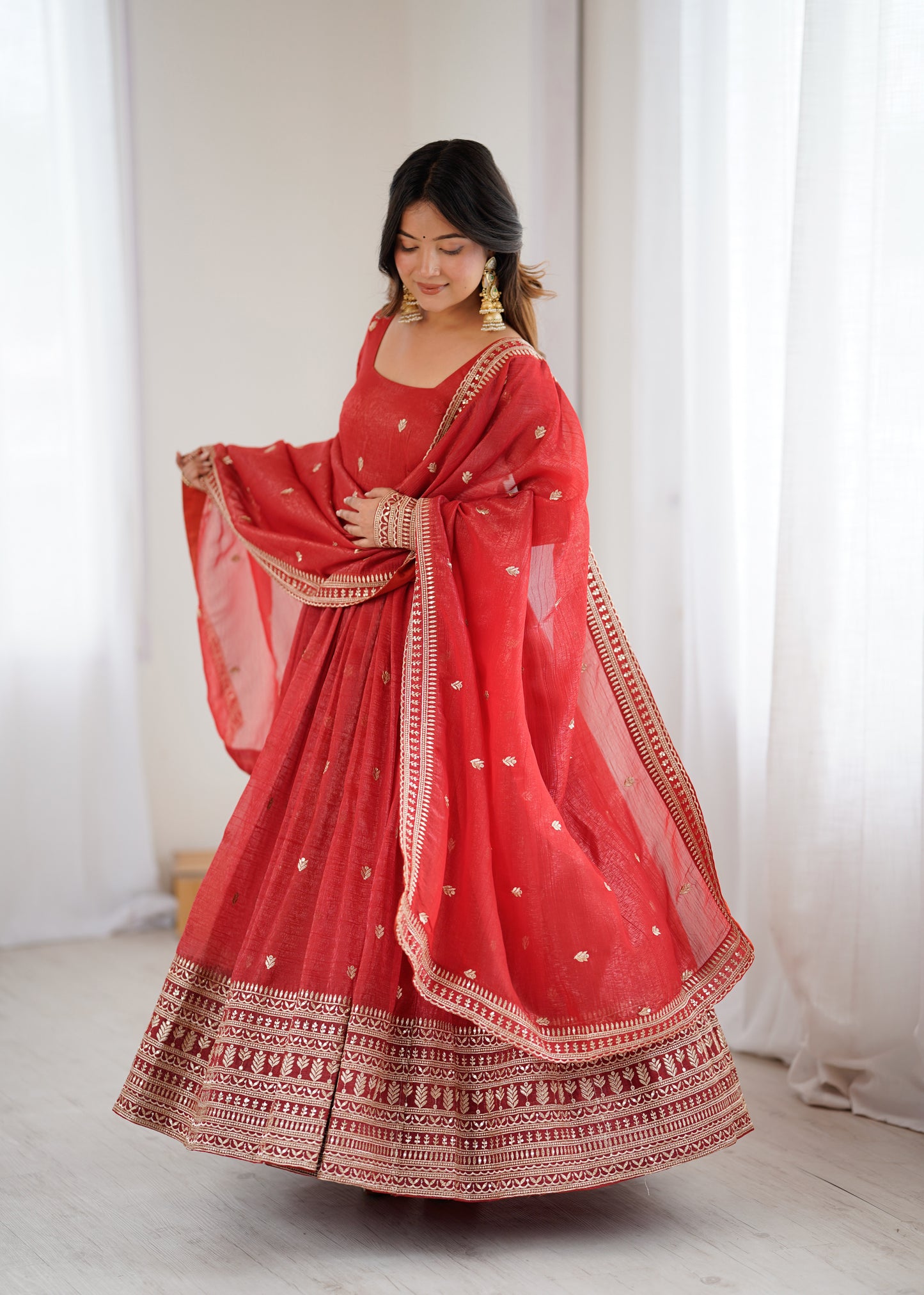 Rust Pure Crunchy Silk Anarkali Dress for Women with Dupatta