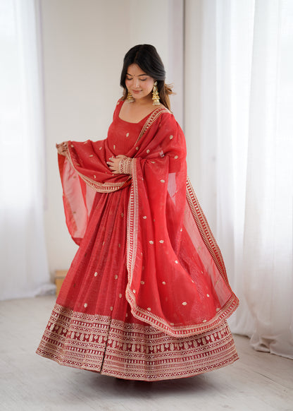 Rust Pure Crunchy Silk Anarkali Dress for Women with Dupatta