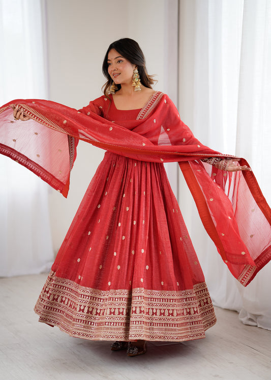 Rust Pure Crunchy Silk Anarkali Dress for Women with Dupatta