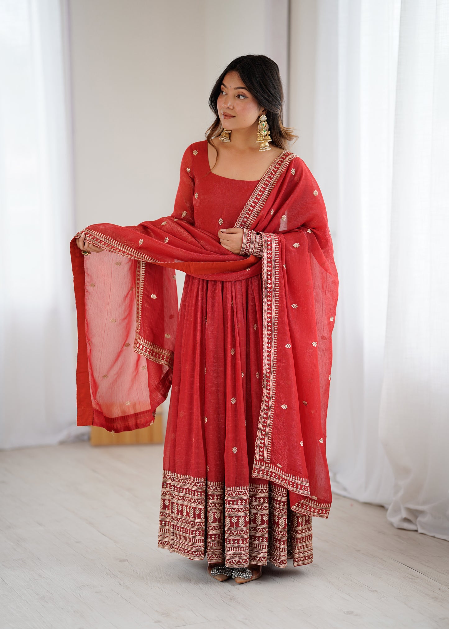 Rust Pure Crunchy Silk Anarkali Dress for Women with Dupatta