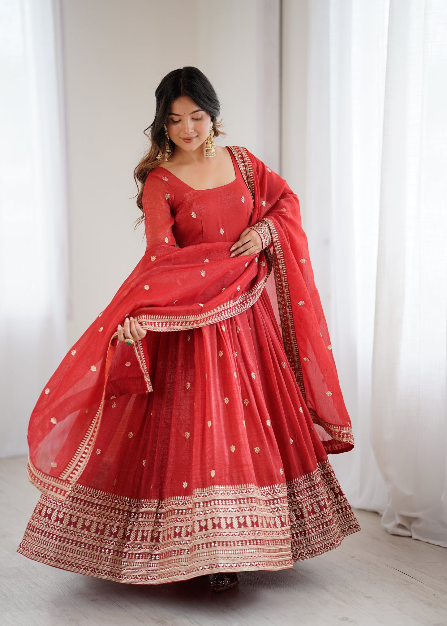 Rust Pure Crunchy Silk Anarkali Dress for Women with Dupatta