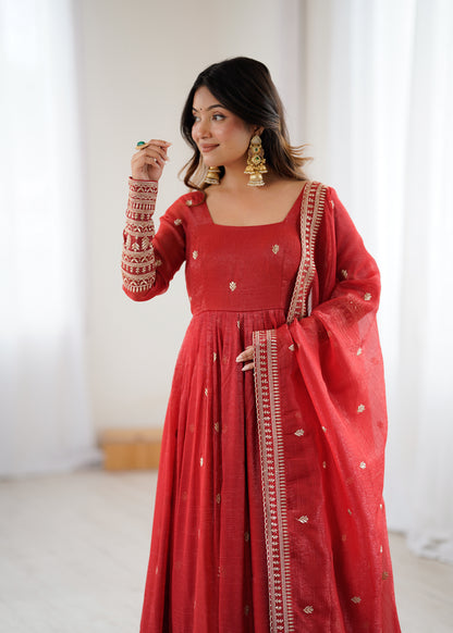 Rust Pure Crunchy Silk Anarkali Dress for Women with Dupatta