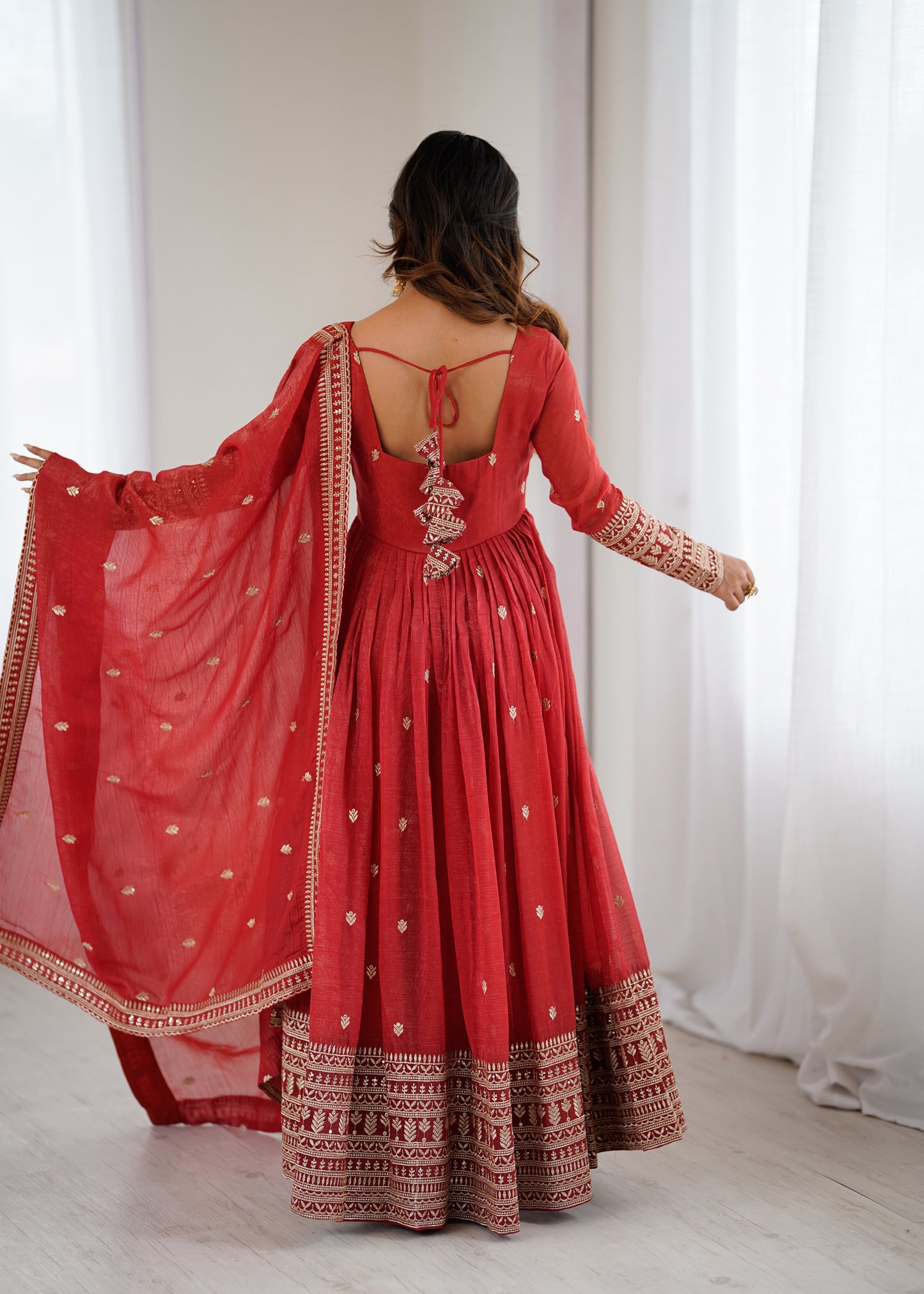Rust Pure Crunchy Silk Anarkali Dress for Women with Dupatta