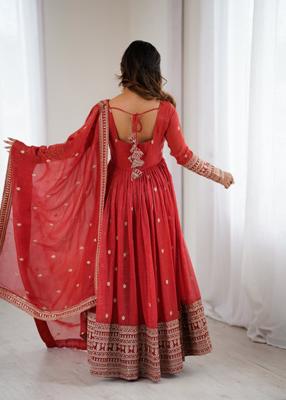 Rust Pure Crunchy Silk Anarkali Dress for Women with Dupatta