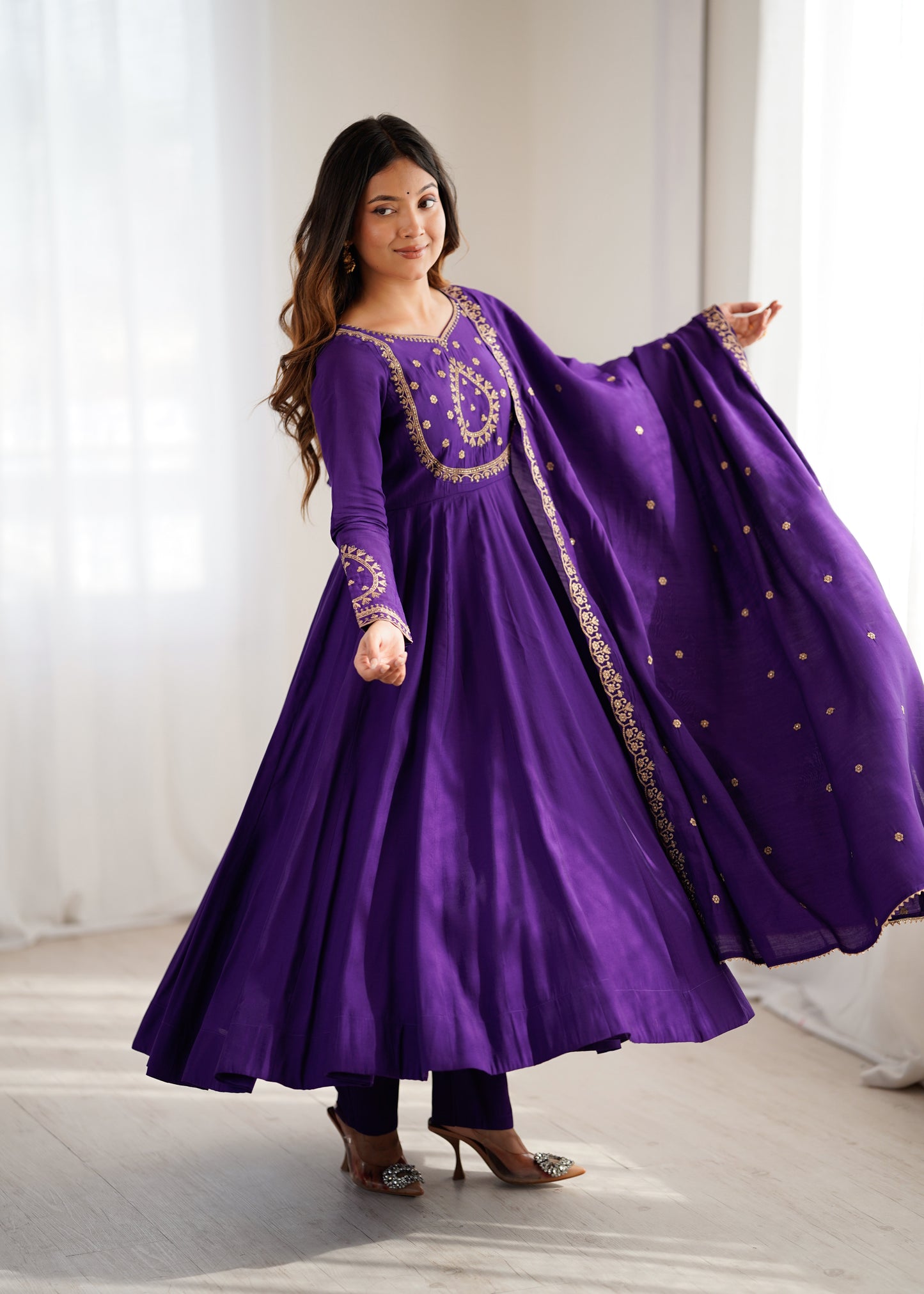 Purple Roman Chanderi Silk Anarkali Suit for Women