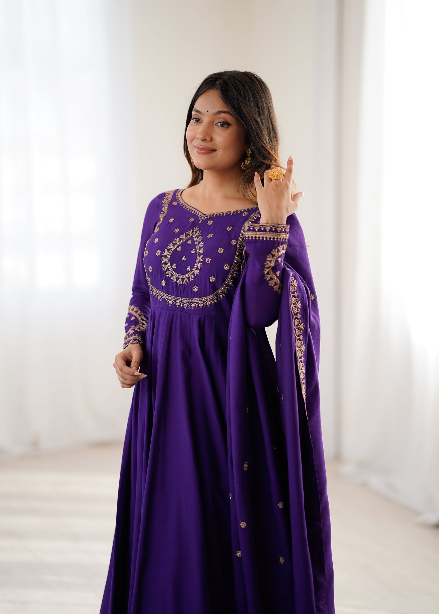 Purple Roman Chanderi Silk Anarkali Suit for Women