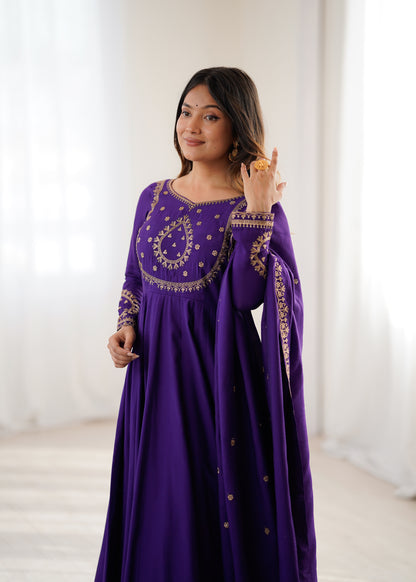 Purple Roman Chanderi Silk Anarkali Suit for Women