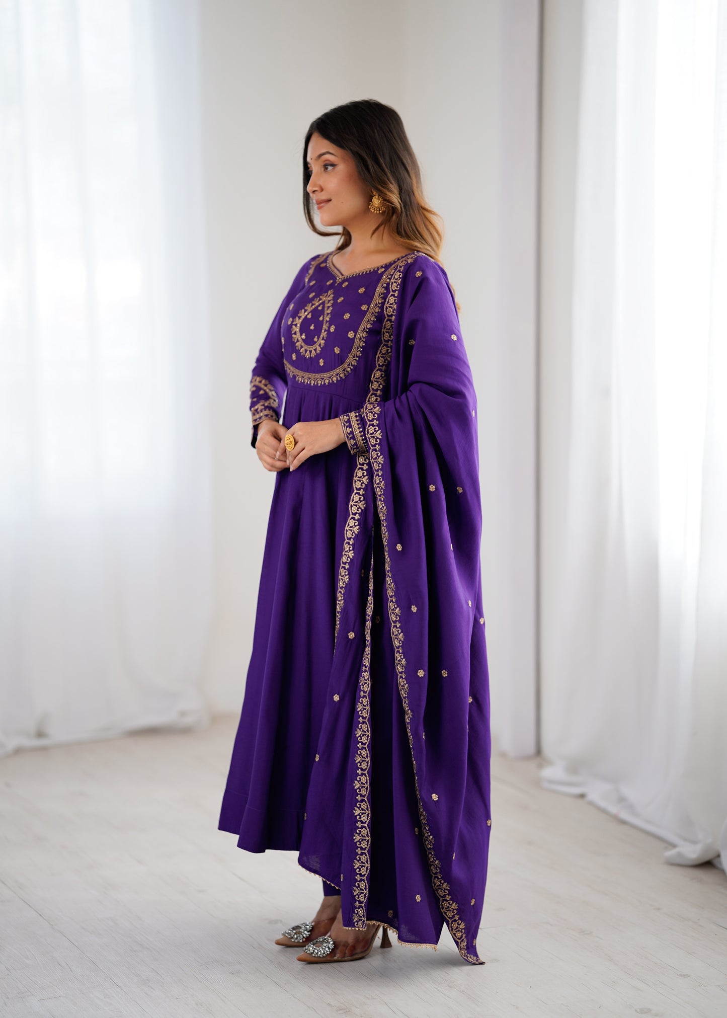 Purple Roman Chanderi Silk Anarkali Suit for Women