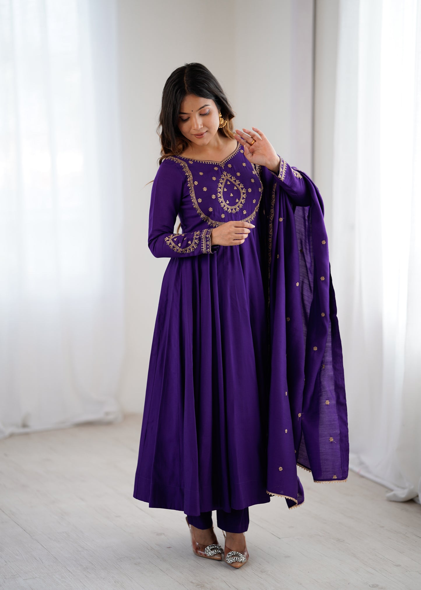 Purple Roman Chanderi Silk Anarkali Suit for Women