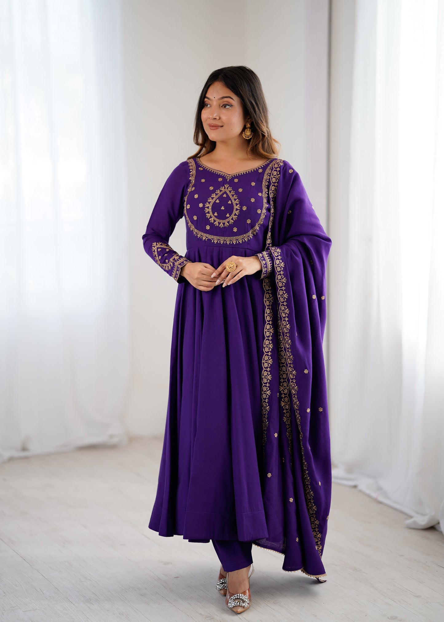 Purple Roman Chanderi Silk Anarkali Suit for Women