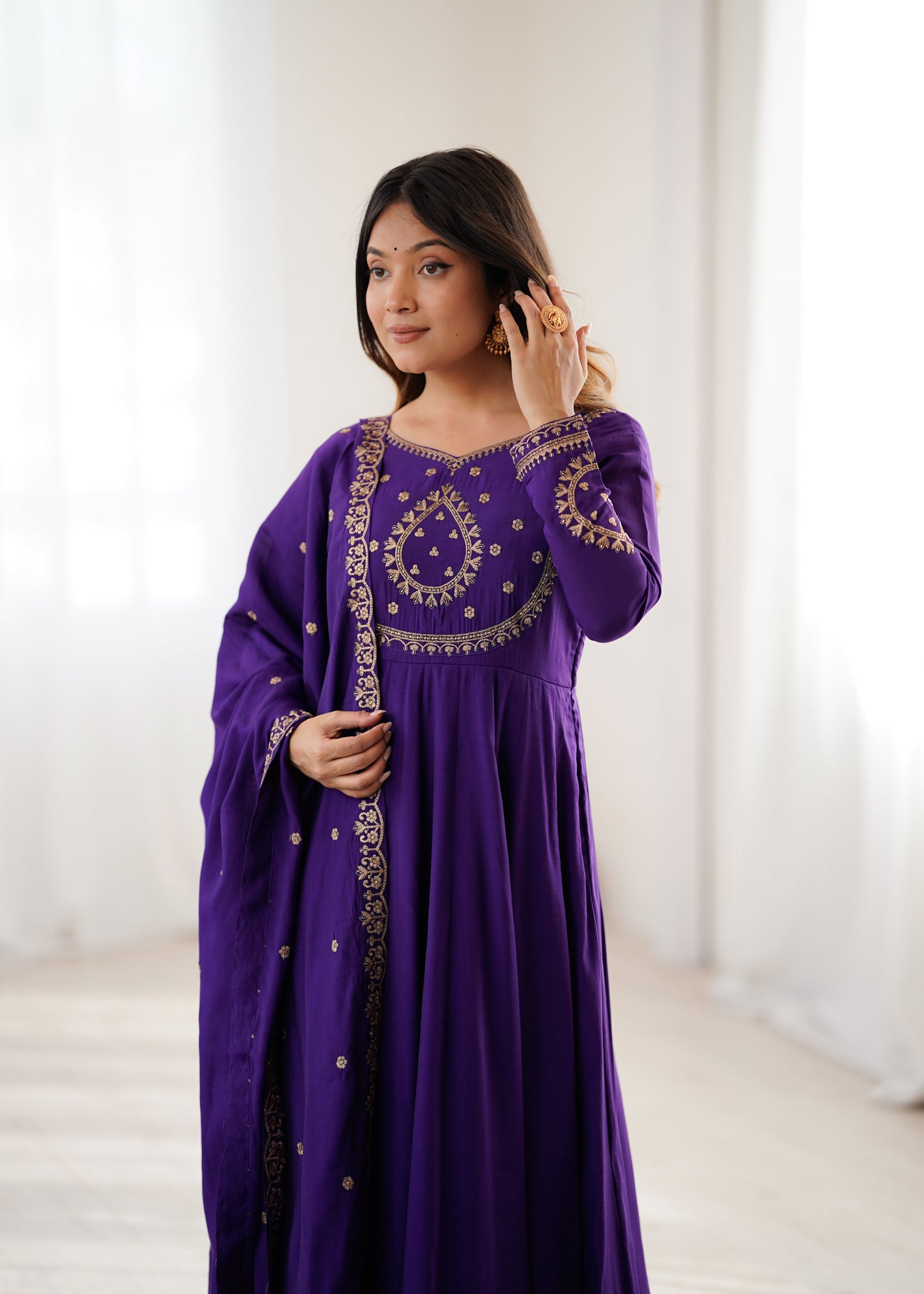 Purple Roman Chanderi Silk Anarkali Suit for Women