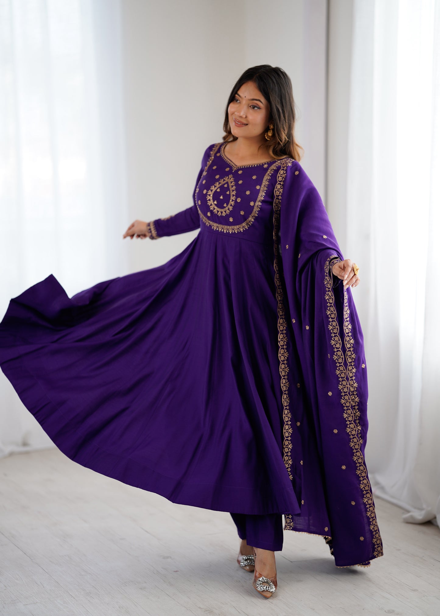 Purple Roman Chanderi Silk Anarkali Suit for Women