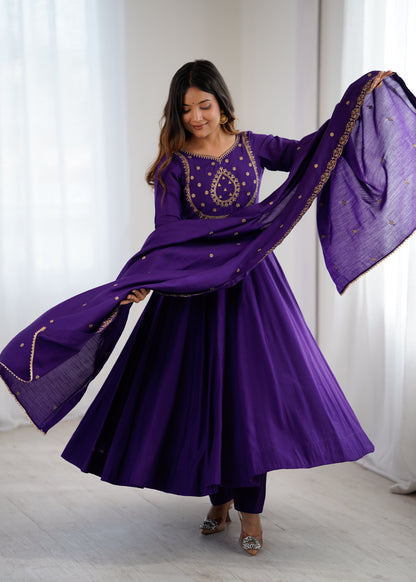 Purple Roman Chanderi Silk Anarkali Suit for Women