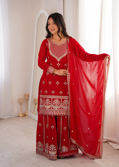 Red Georgette Party Wear Salwar Suit with Fully Flared Sharara