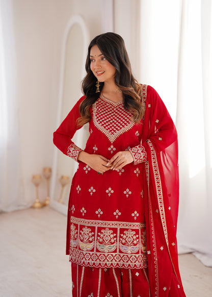 Red Georgette Party Wear Salwar Suit with Fully Flared Sharara