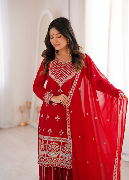 Red Georgette Party Wear Salwar Suit with Fully Flared Sharara