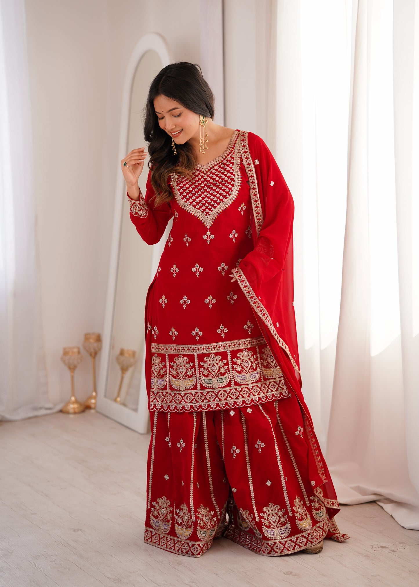 Red Georgette Party Wear Salwar Suit with Fully Flared Sharara