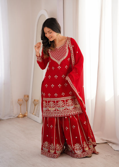 Red Georgette Party Wear Salwar Suit with Fully Flared Sharara