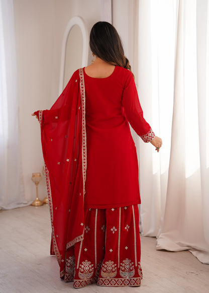 Red Georgette Party Wear Salwar Suit with Fully Flared Sharara