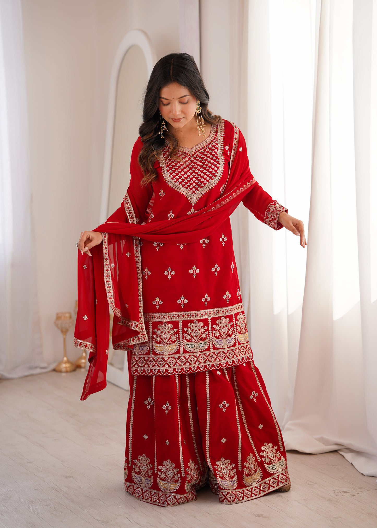 Red Georgette Party Wear Salwar Suit with Fully Flared Sharara