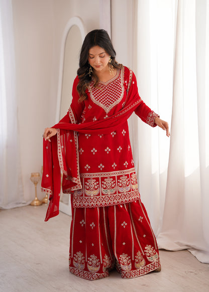 Red Georgette Party Wear Salwar Suit with Fully Flared Sharara