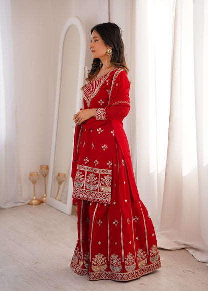 Red Georgette Party Wear Salwar Suit with Fully Flared Sharara