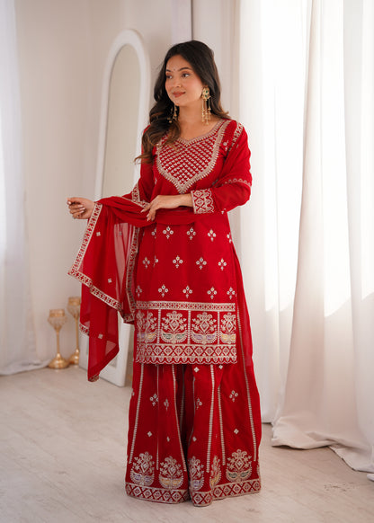 Red Georgette Party Wear Salwar Suit with Fully Flared Sharara