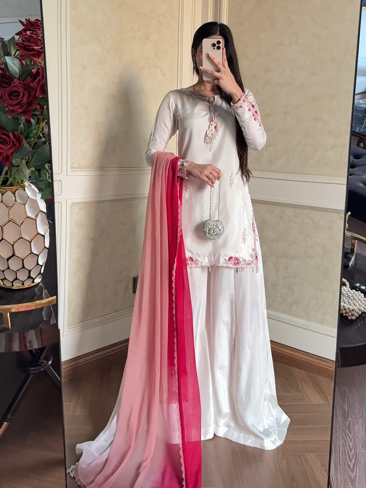 White Party Wear Suit with Shaded Pink Dupatta