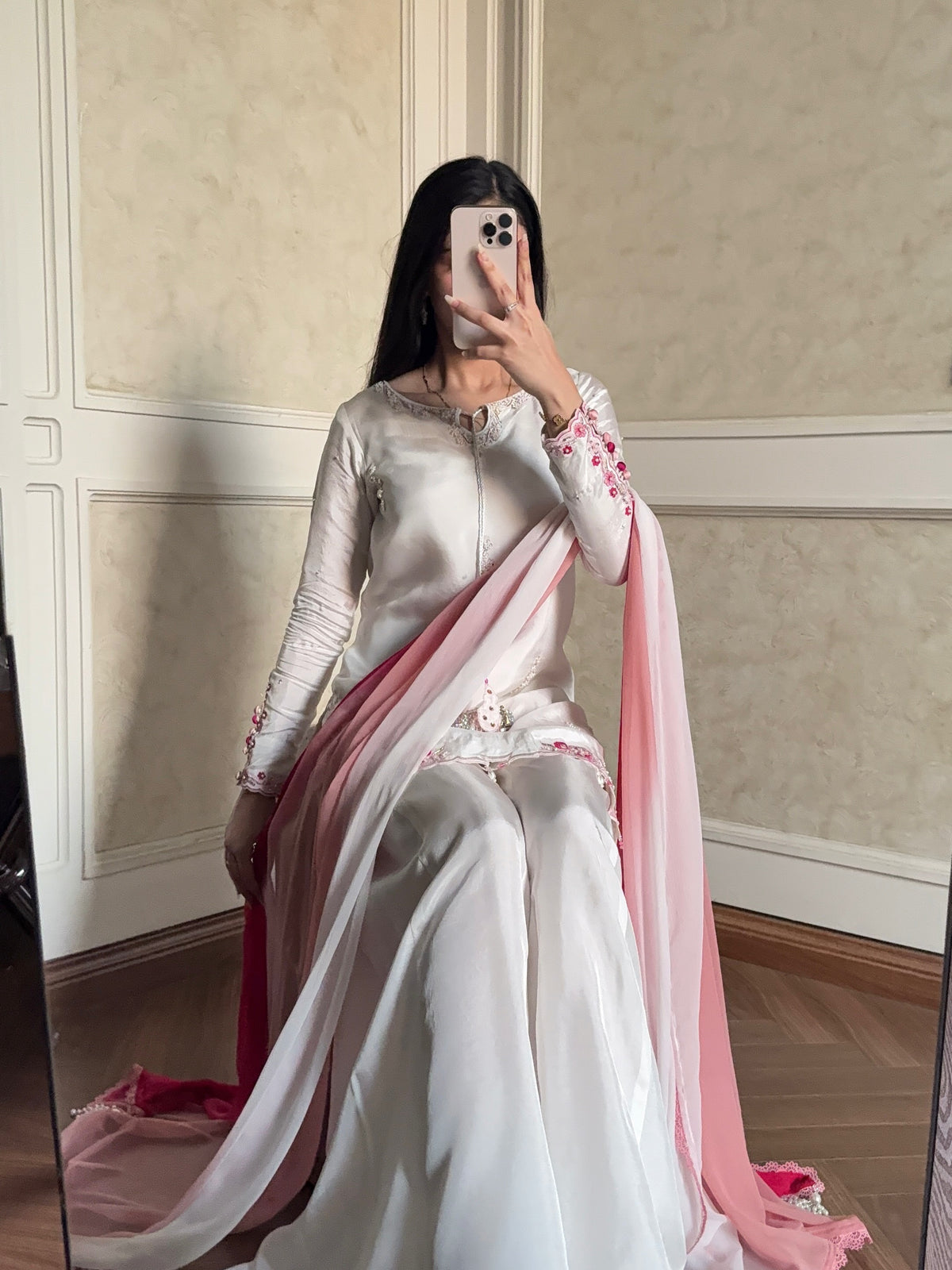 White Party Wear Suit with Shaded Pink Dupatta