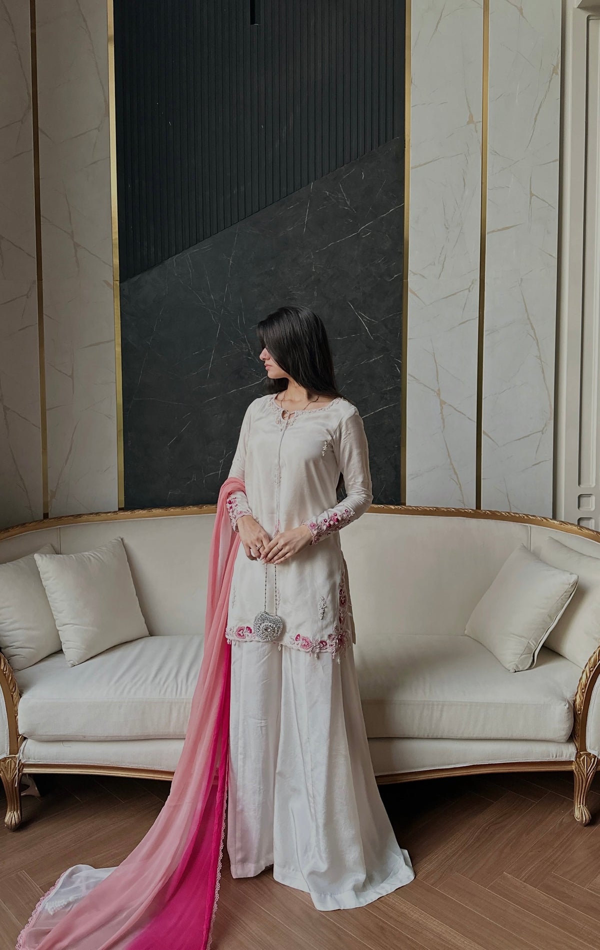 White Party Wear Suit with Shaded Pink Dupatta