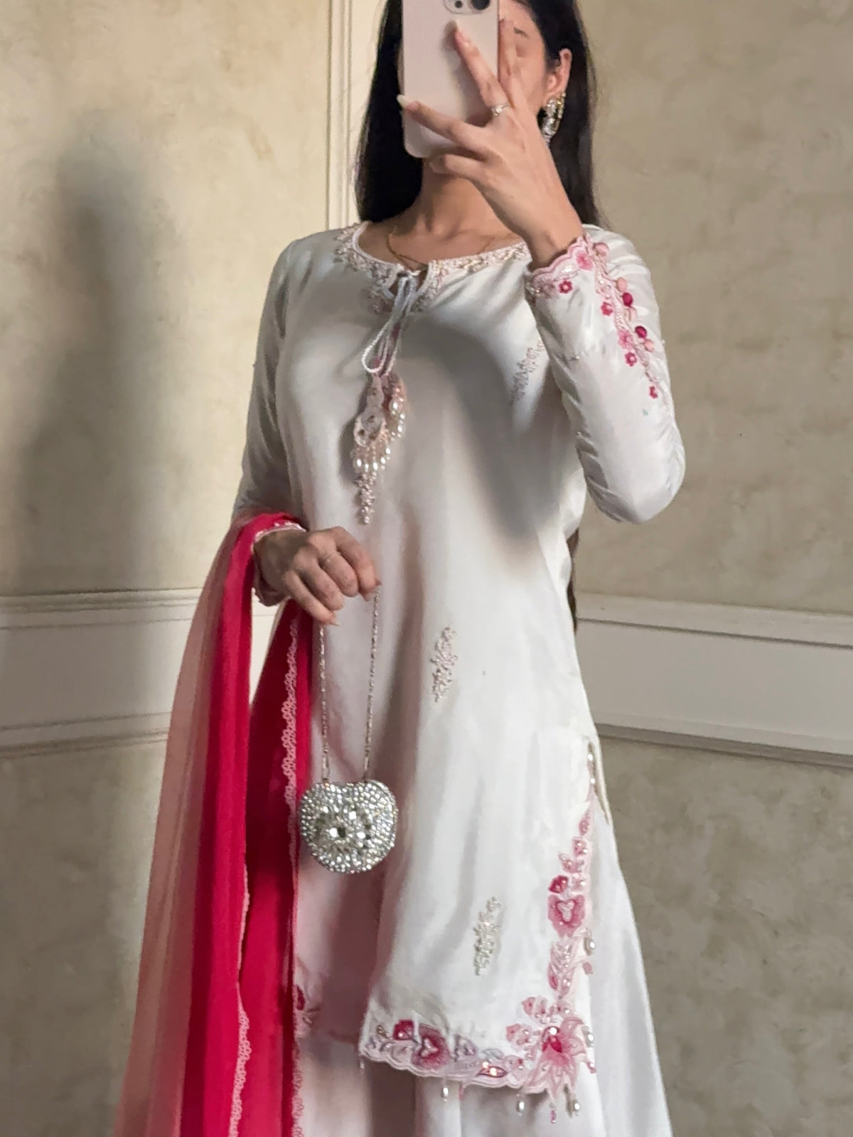 White Party Wear Suit with Shaded Pink Dupatta