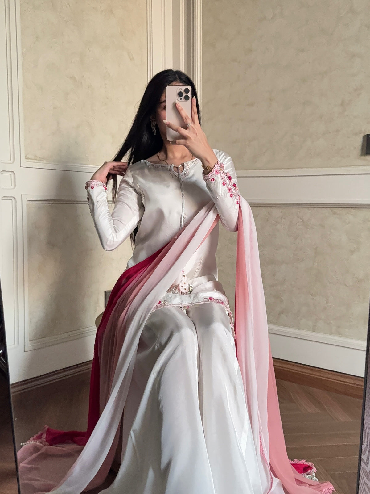 White Party Wear Suit with Shaded Pink Dupatta