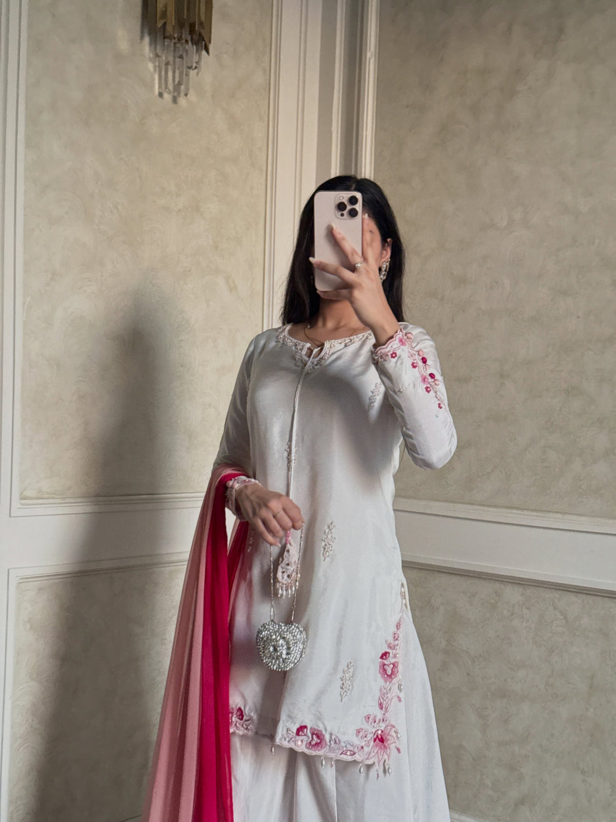 White Party Wear Suit with Shaded Pink Dupatta