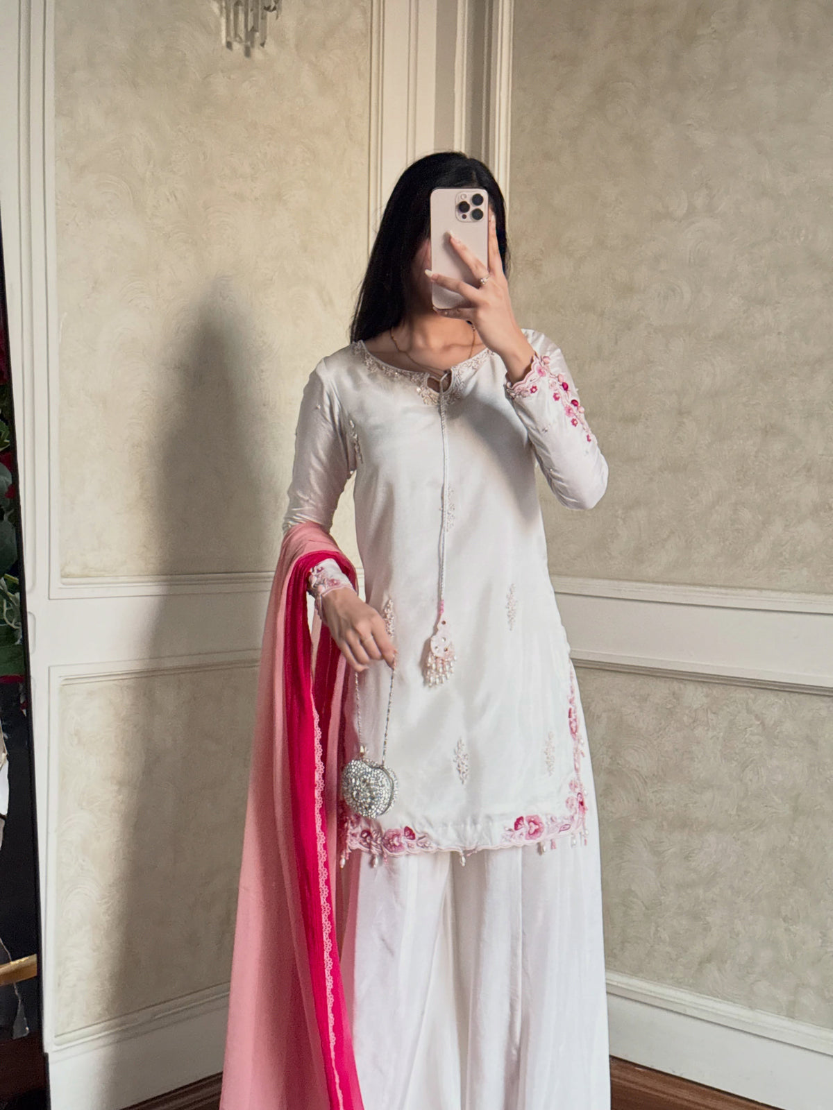 White Party Wear Suit with Shaded Pink Dupatta