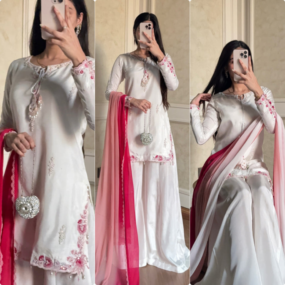 White Party Wear Suit with Shaded Pink Dupatta