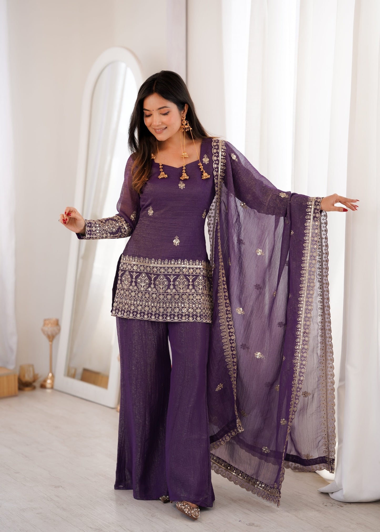 Embroidered Silk Short Kurti with Palazzo Set and Dupatta