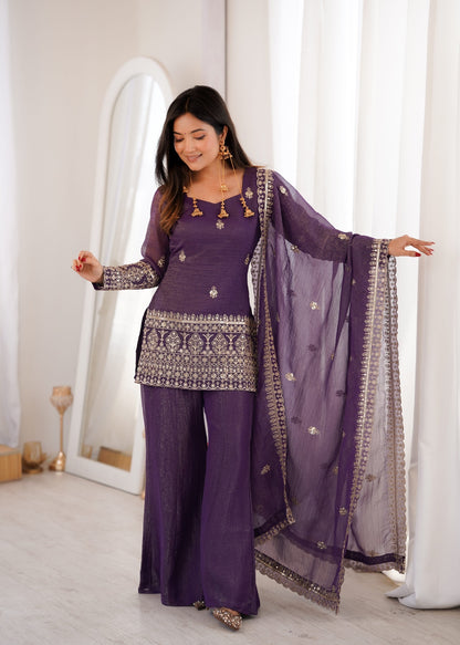 Embroidered Silk Short Kurti with Palazzo Set and Dupatta