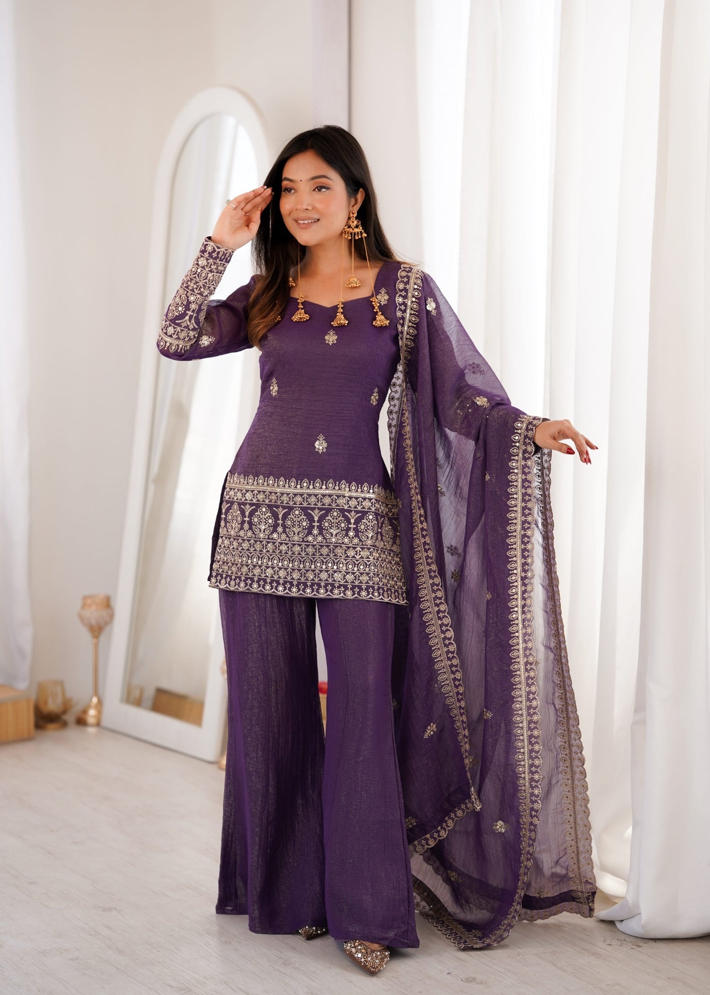 Embroidered Silk Short Kurti with Palazzo Set and Dupatta