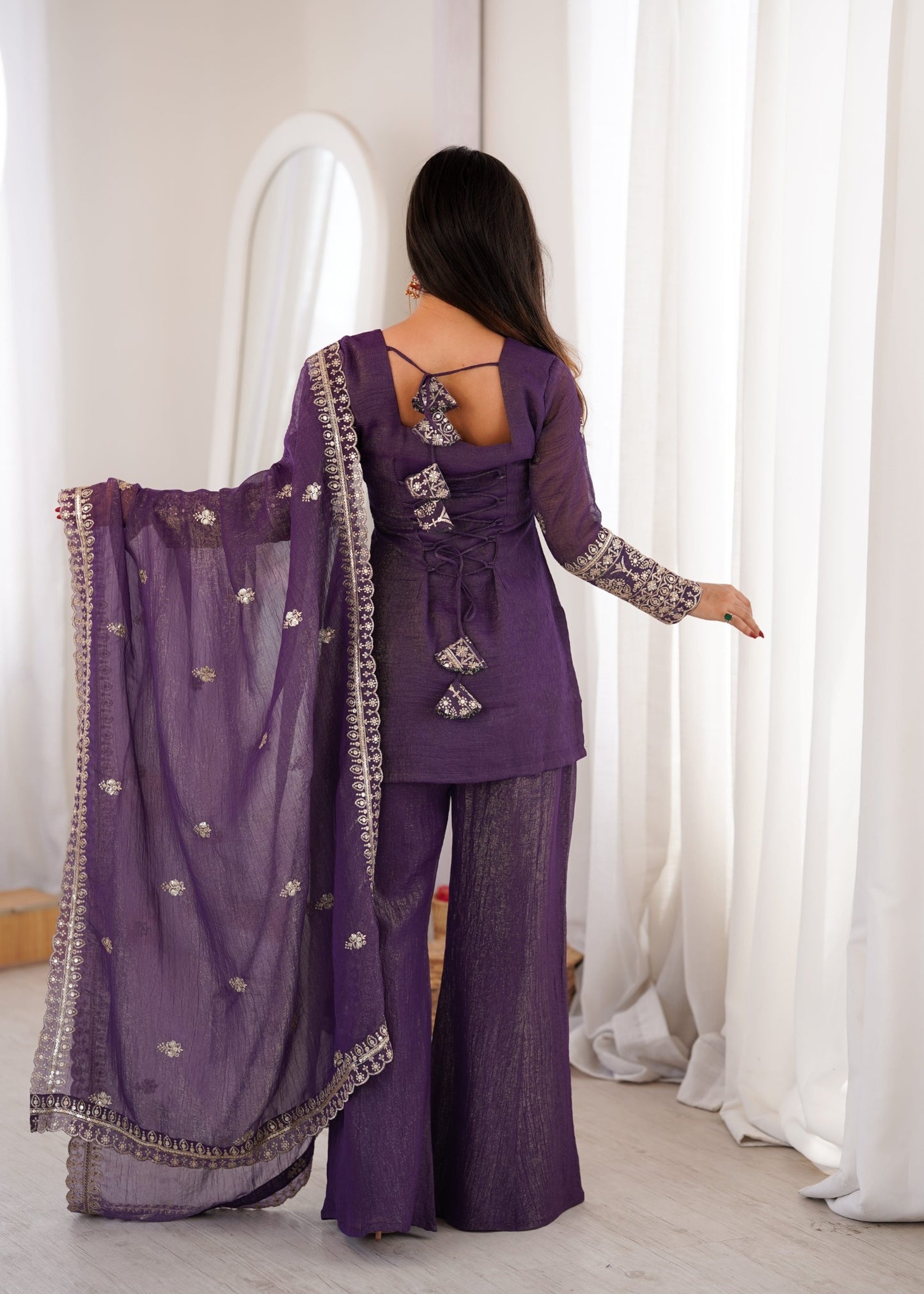 Embroidered Silk Short Kurti with Palazzo Set and Dupatta