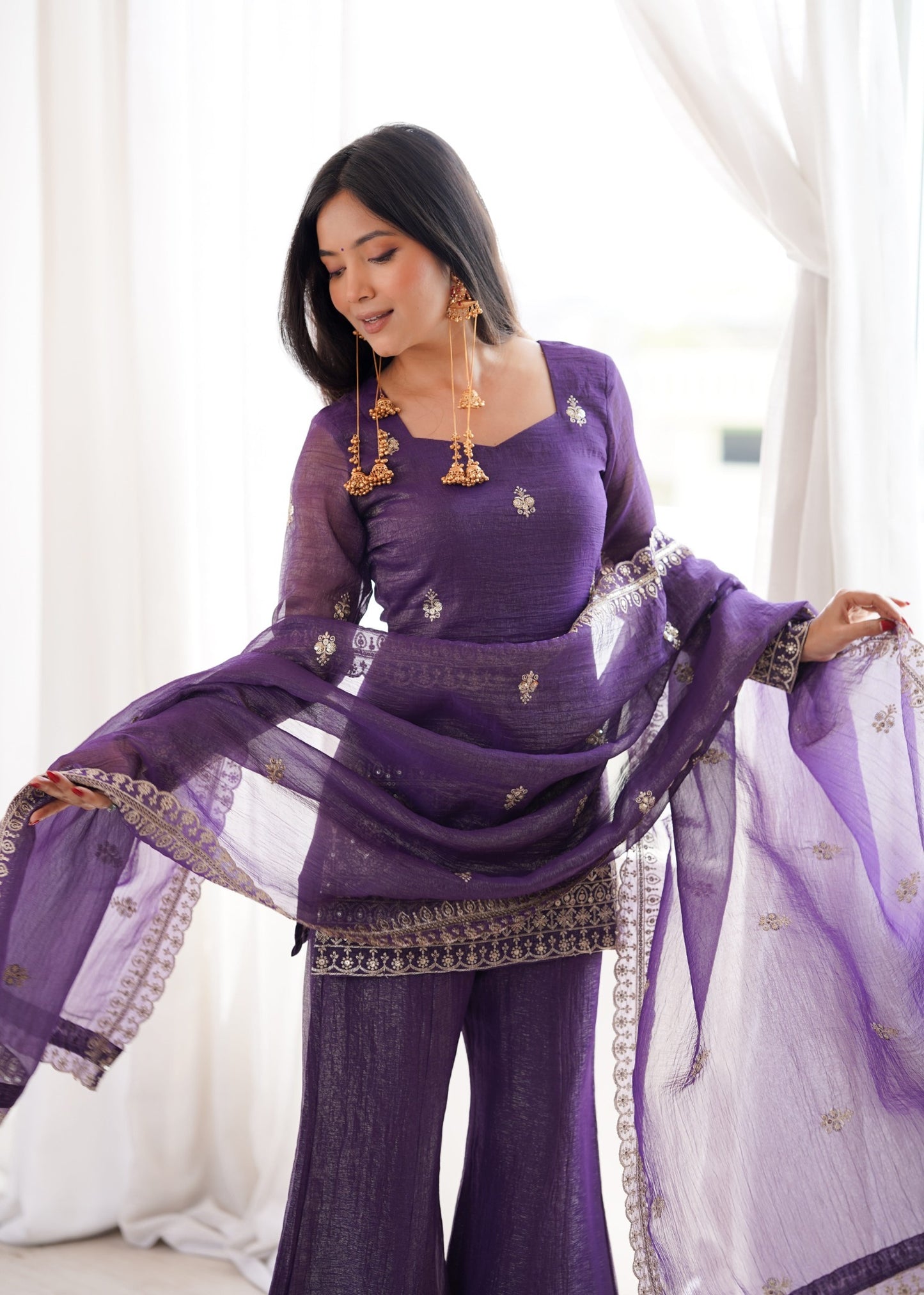 Embroidered Silk Short Kurti with Palazzo Set and Dupatta