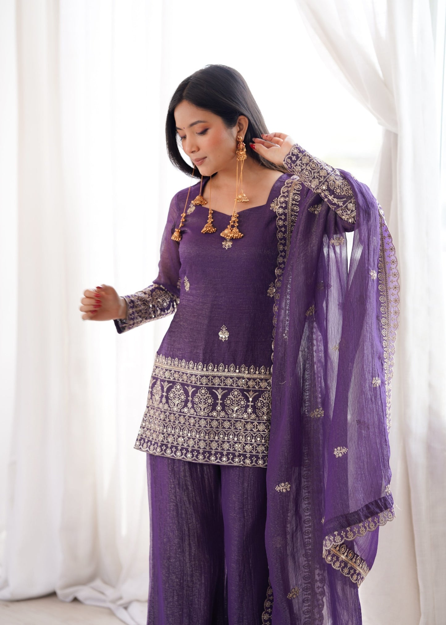 Embroidered Silk Short Kurti with Palazzo Set and Dupatta