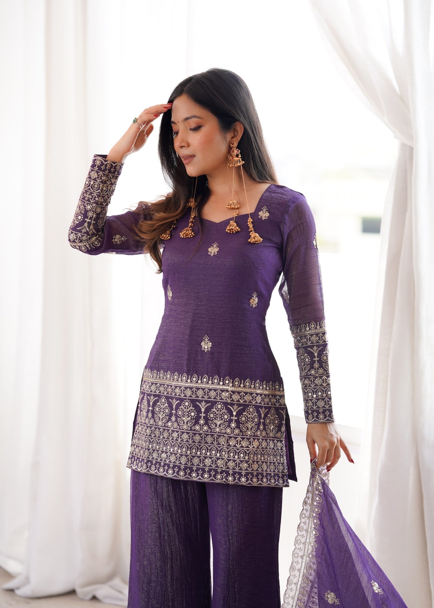 Embroidered Silk Short Kurti with Palazzo Set and Dupatta
