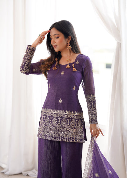 Embroidered Silk Short Kurti with Palazzo Set and Dupatta