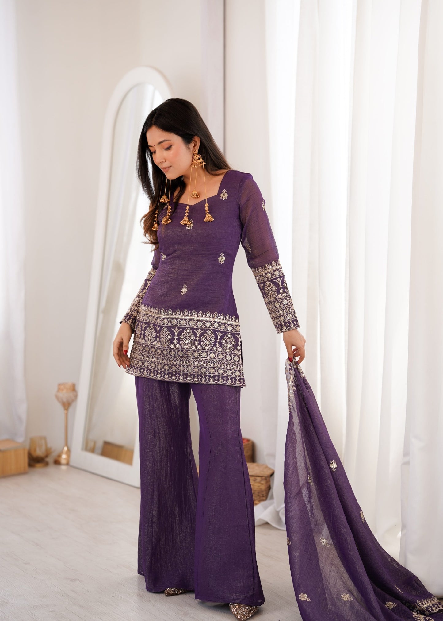 Embroidered Silk Short Kurti with Palazzo Set and Dupatta
