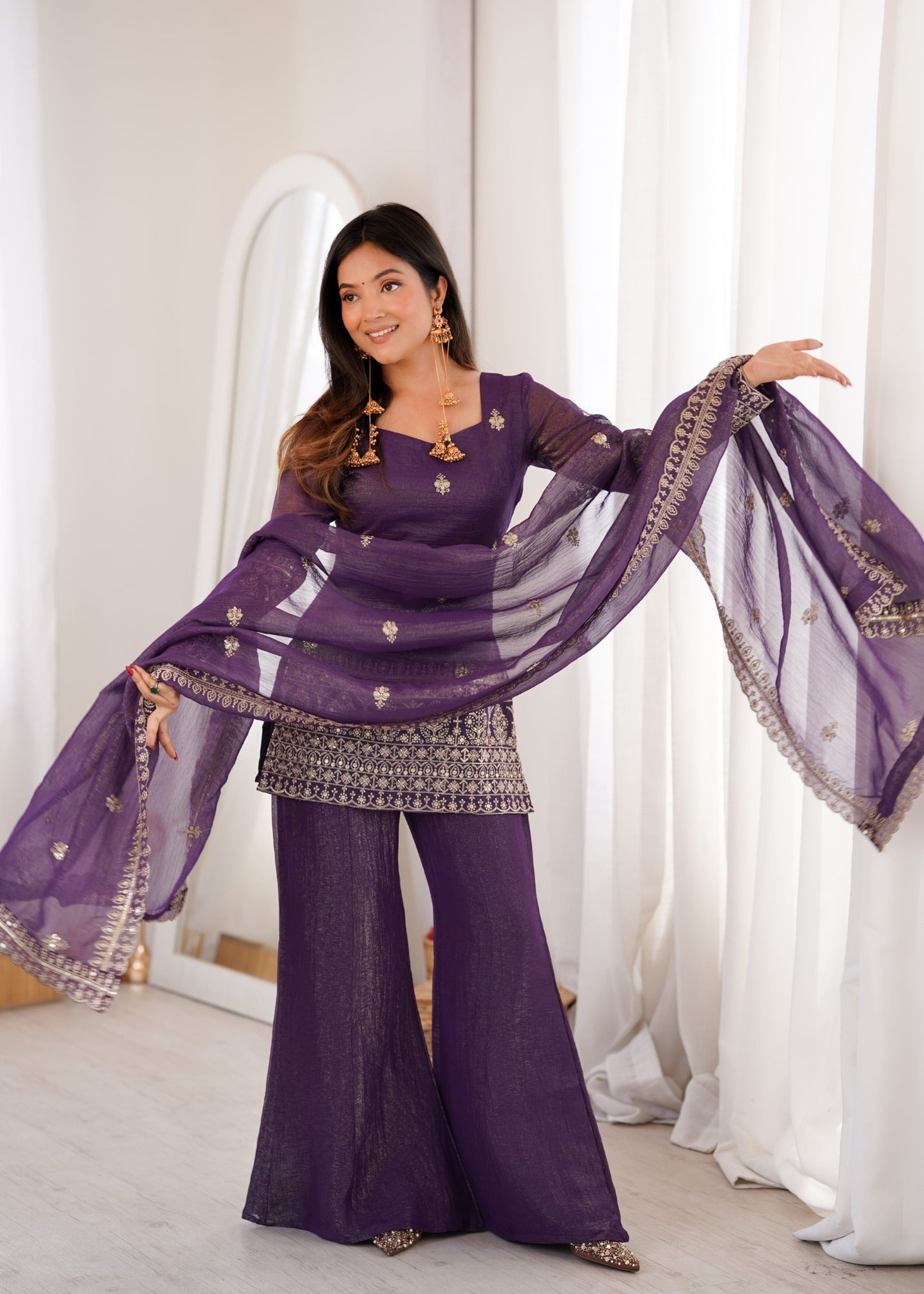 Embroidered Silk Short Kurti with Palazzo Set and Dupatta