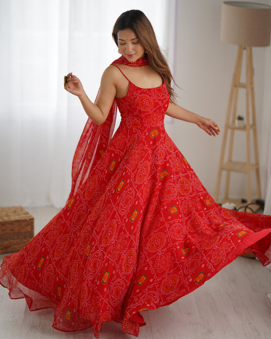 Chiffon Bandhej Anarkali Suit for Women - Party Wear Gown